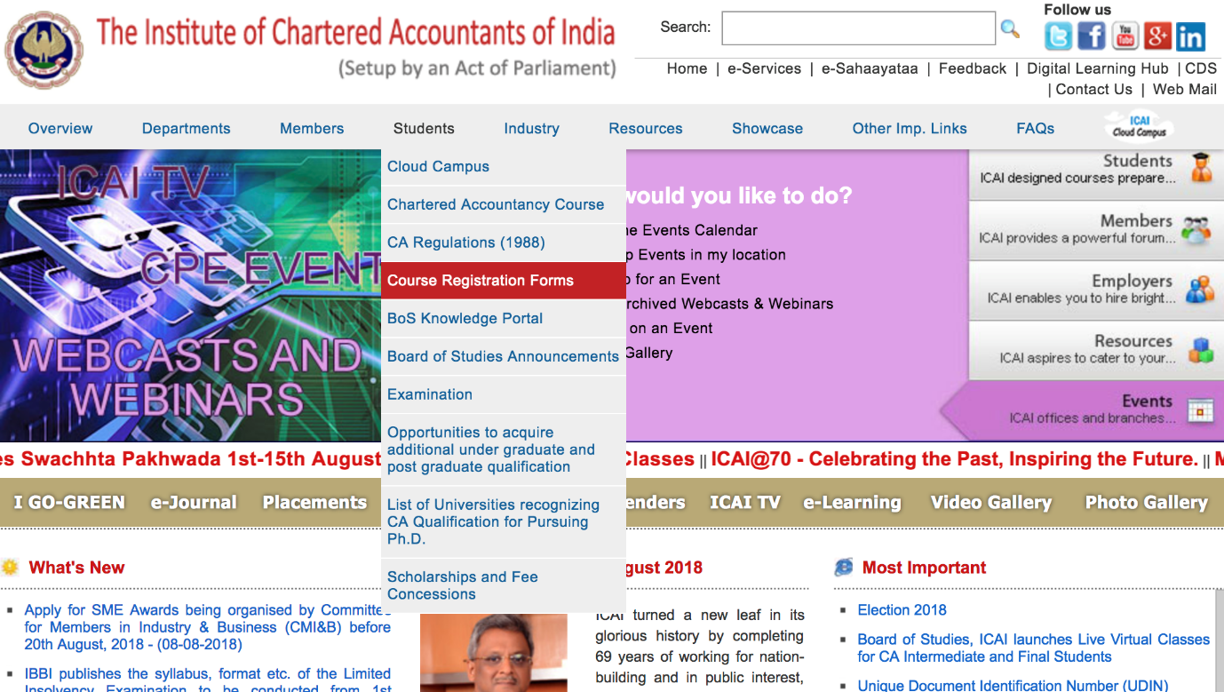 ICAI CA Intermediate Course Registration